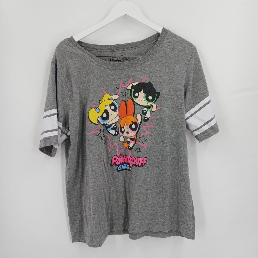 Y2K Powerpuff Girls Womens Grey Striped Sleeve Graphic T-Shirt plus Size 1X